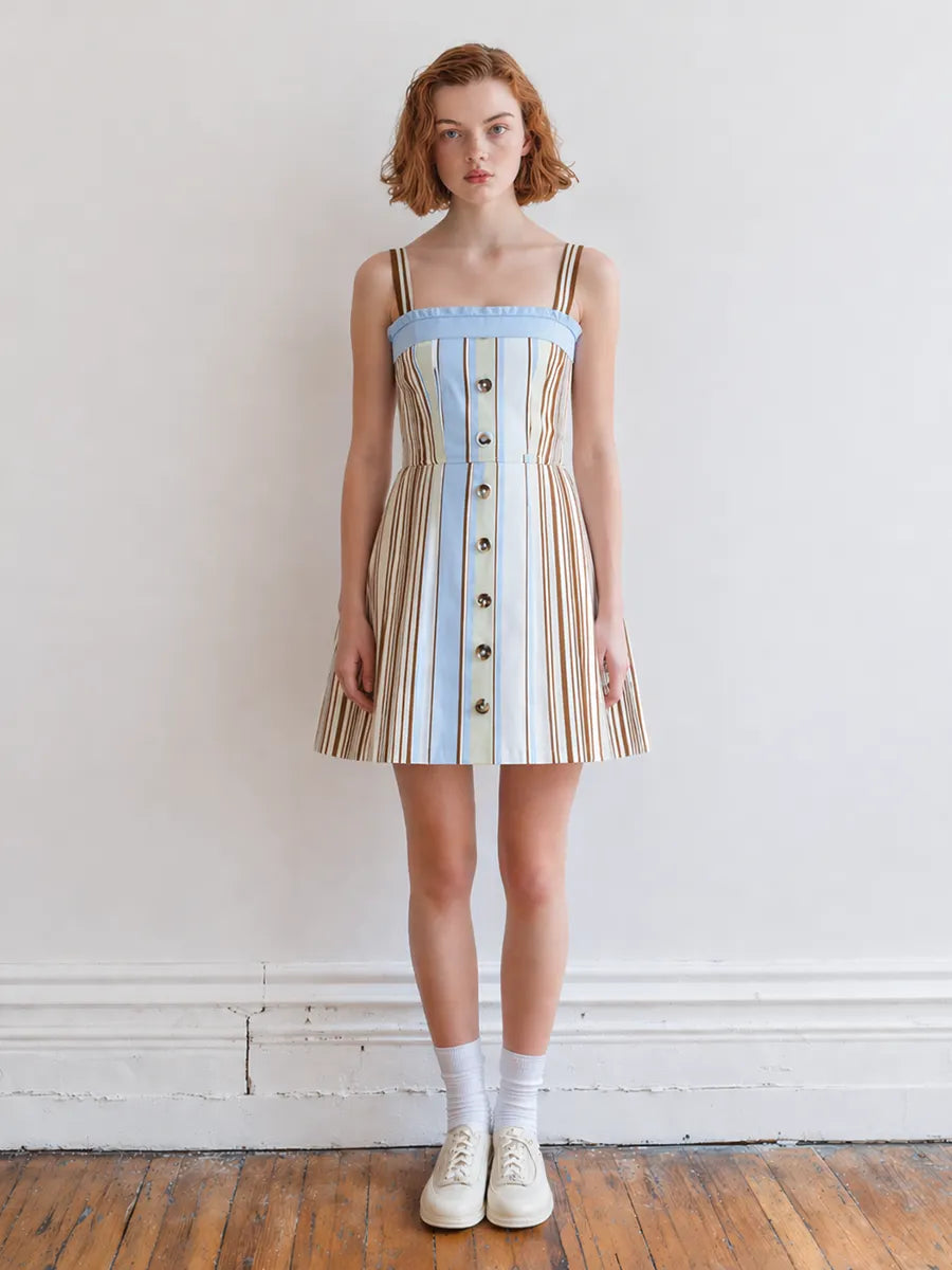 Women's Light Retro Fresh And Sweet Striped Sleeveless Mini Dress MDZ2408D1ZJW