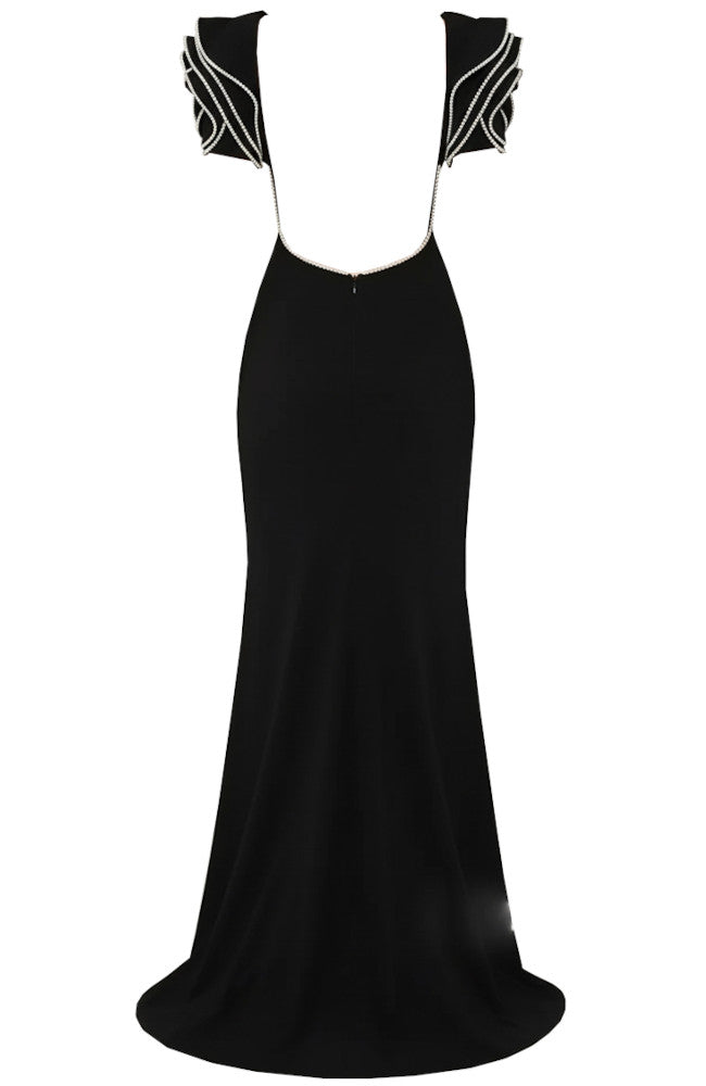Crystal Ruffle Backless Maxi Dress Black