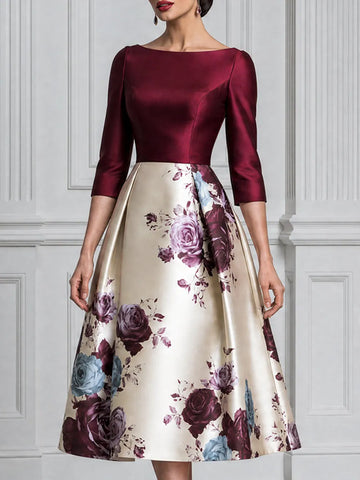 Burgundy Satin Bodice Floral Print A-Line Midi Dress
