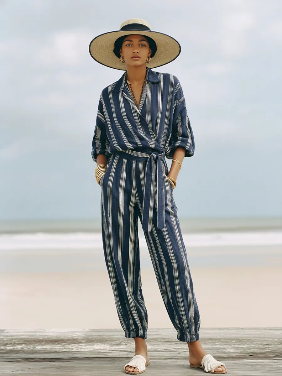 Women's Vacation Navy Blue Linen-Cotton Striped Collared Waisted Cuffed Jumpsuit MDZ2100D5GMJ