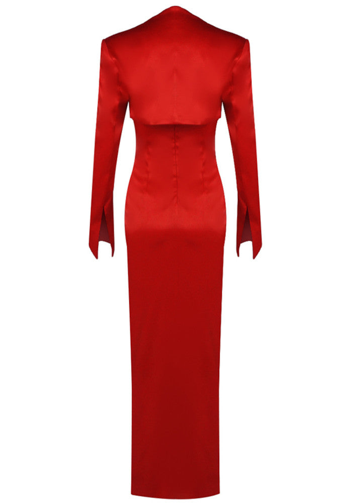 Long Sleeve Floral Maxi Two Piece Dress Red