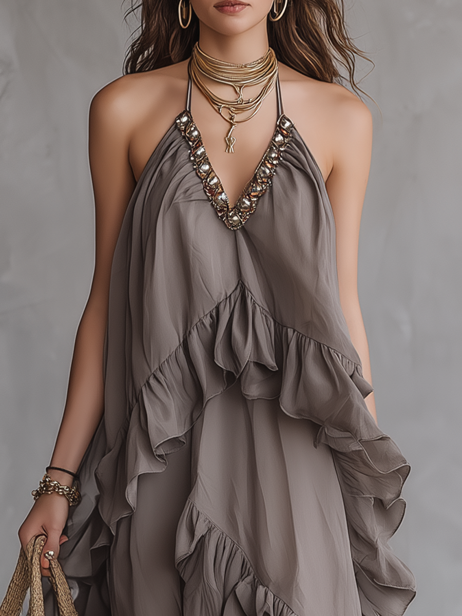 Romantic Asymmetric Ruffle Halter Dress