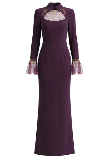 Long Sleeve Embellished Mesh Maxi Dress Purple