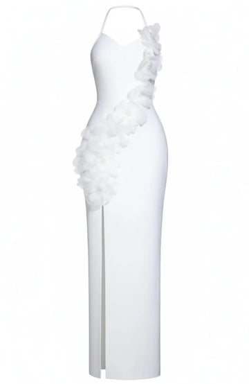 Halter Floral Backless Maxi Dress White
