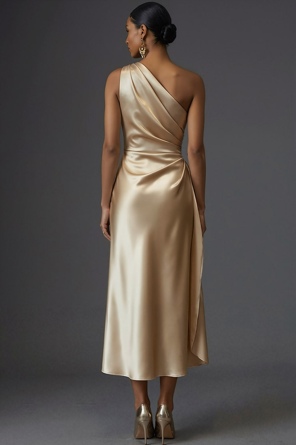 Champagne Mermaid Ruched Satin One Shoulder Long Wedding Guest Dress