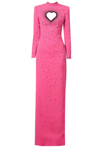 Long Sleeve Embellished Heart Cut Out Maxi Dress Hot Pink