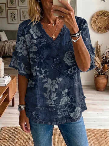 Ethnicity Vintage Flowers Texture Women's Art Casual Patchwork V Collar Shirt