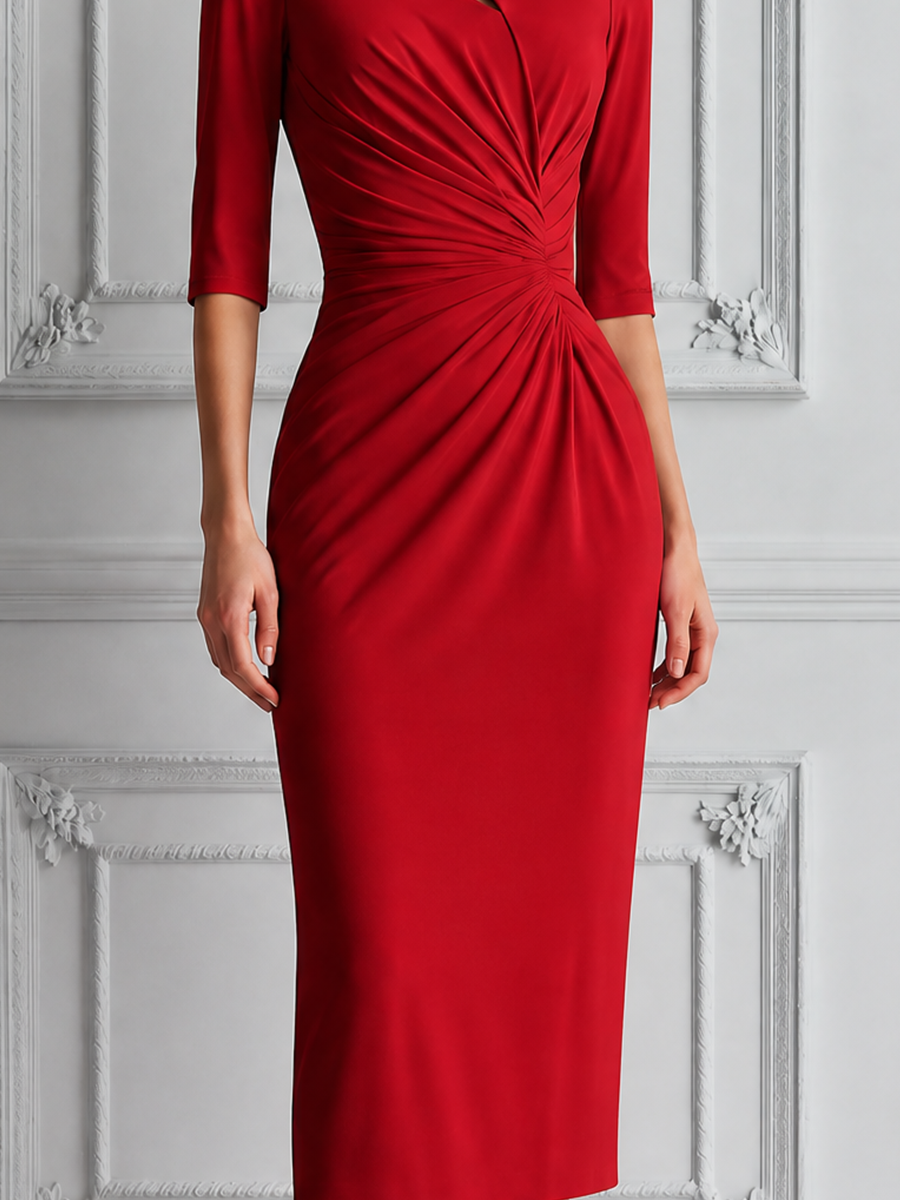 Red Dress Fall Wedding Guest Dress Ruched Keyhole Pencil Midi Dress