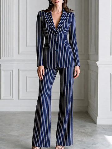 Vertical Stripe Notched Lapel Blazer & Flare Pants Suit