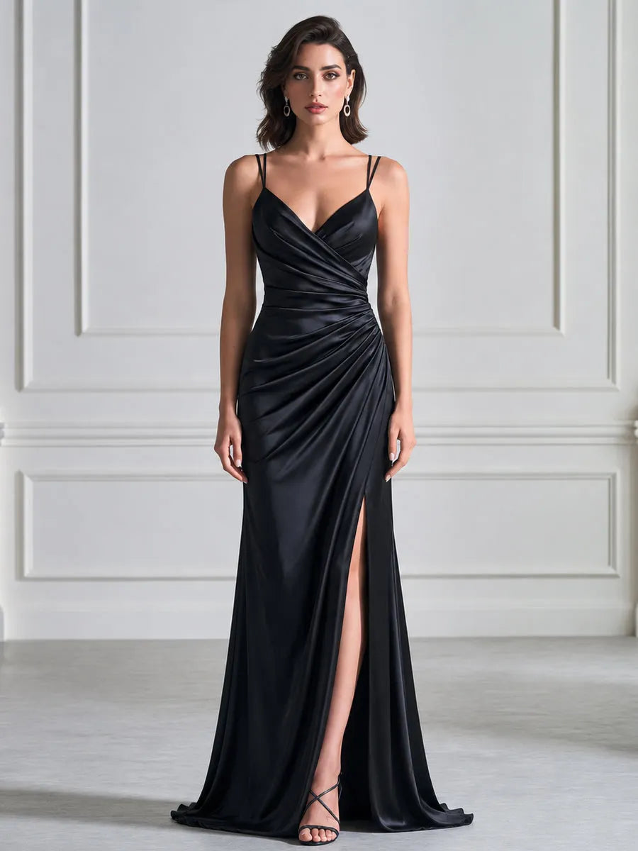 Ruched Satin Maxi Evening Gown With Glitter Mesh Shawl