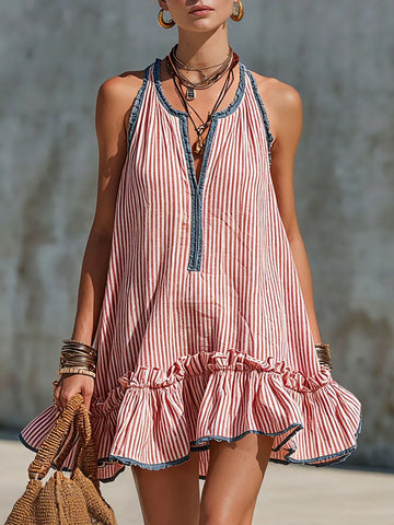 Casual Retro Ruffled Red And White Striped Cotton Linen Sleeveless Mini Dress