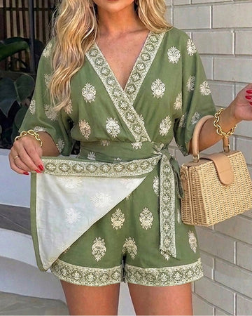 Women's Boho Vintage Print Romper V Neck Wrap Knot Side Jumpsuit Half Sleeve Beach Vacation Summer Skorts Romper