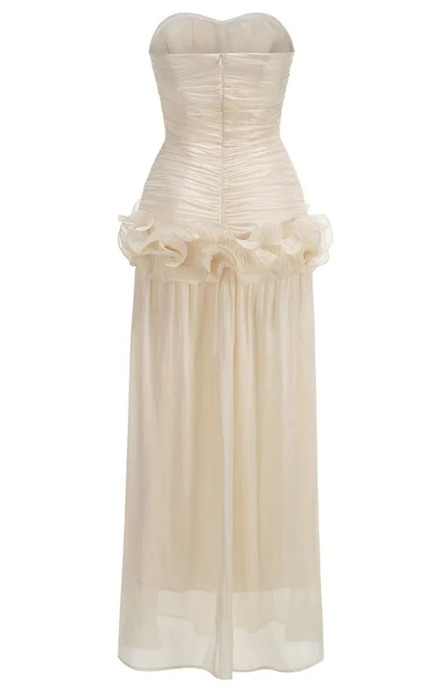 Strapless Draped Ruffle Maxi Dress Ivory
