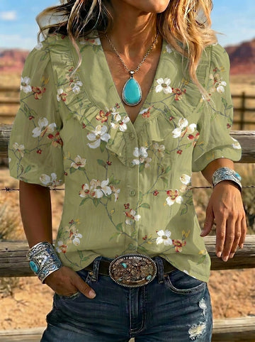 Women's Retro Floral Art Puff Sleeve Casual Shirt