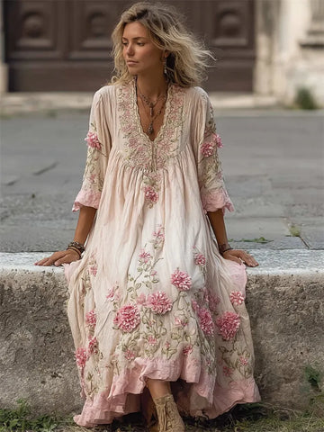 Vintage Pink Floral Vines Fiber Art Embroidered Linen Maxi Dress