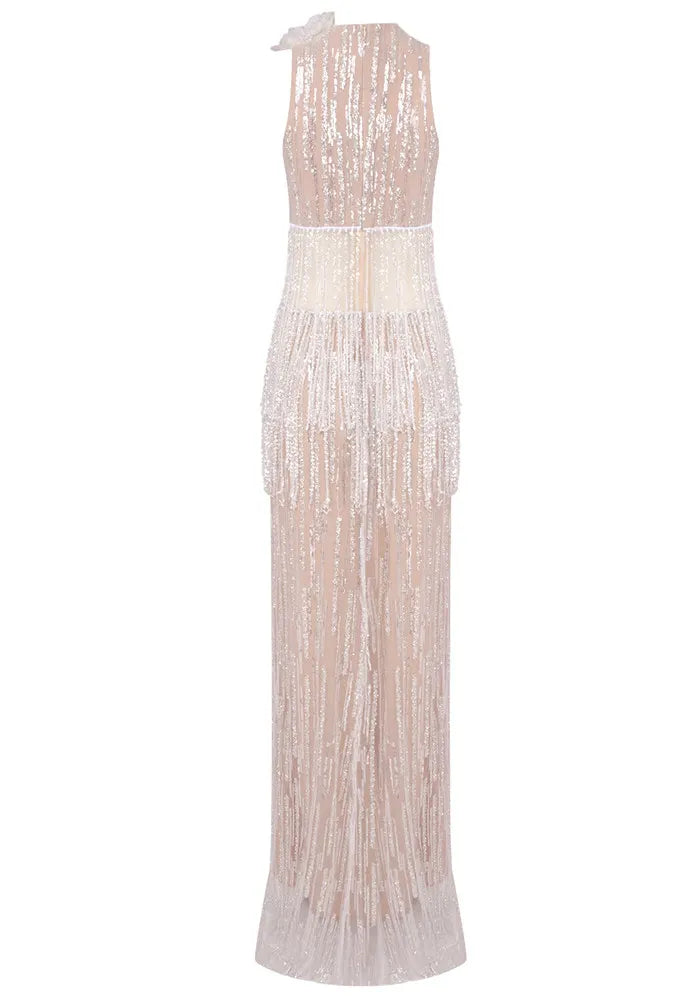 Crystal Tassel Maxi Dress Nude