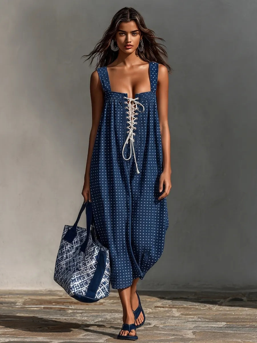 Women's Dark Blue Polka Dot Jumpsuit With Wide Straps & Relaxed Fit, Contemporary Vacation-Ready Loungewear MDZ2181D9LYL