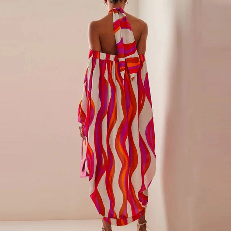 Halter Printed Color Block One Piece Swimsuit and Cover Up