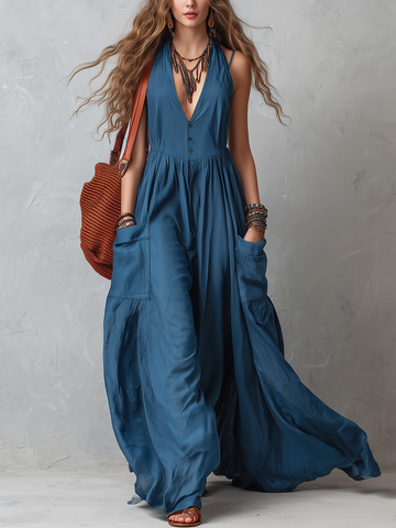 Dark Blue French-style V-neck Dress