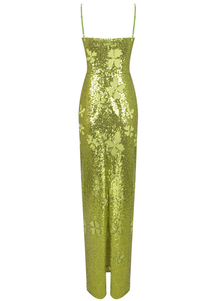 Butterfly Sequin Maxi Dress Green Silver