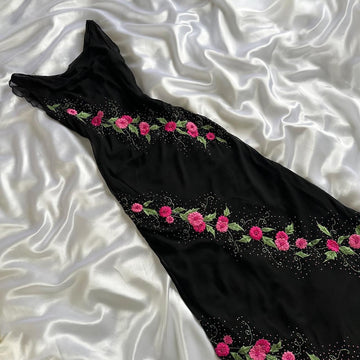 Black gorgeous shiny fashion elegant exquisite floral embroidery long chiffon ball gown evening dress party dress