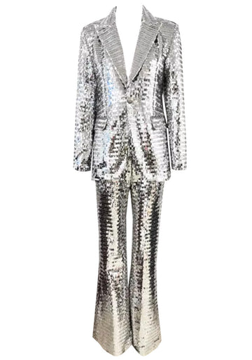 Long Sleeve Mirrored Sequin Suit Silver