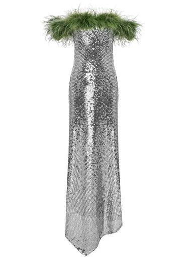 Feather Bardot Sequin Maxi Dress Silver Green