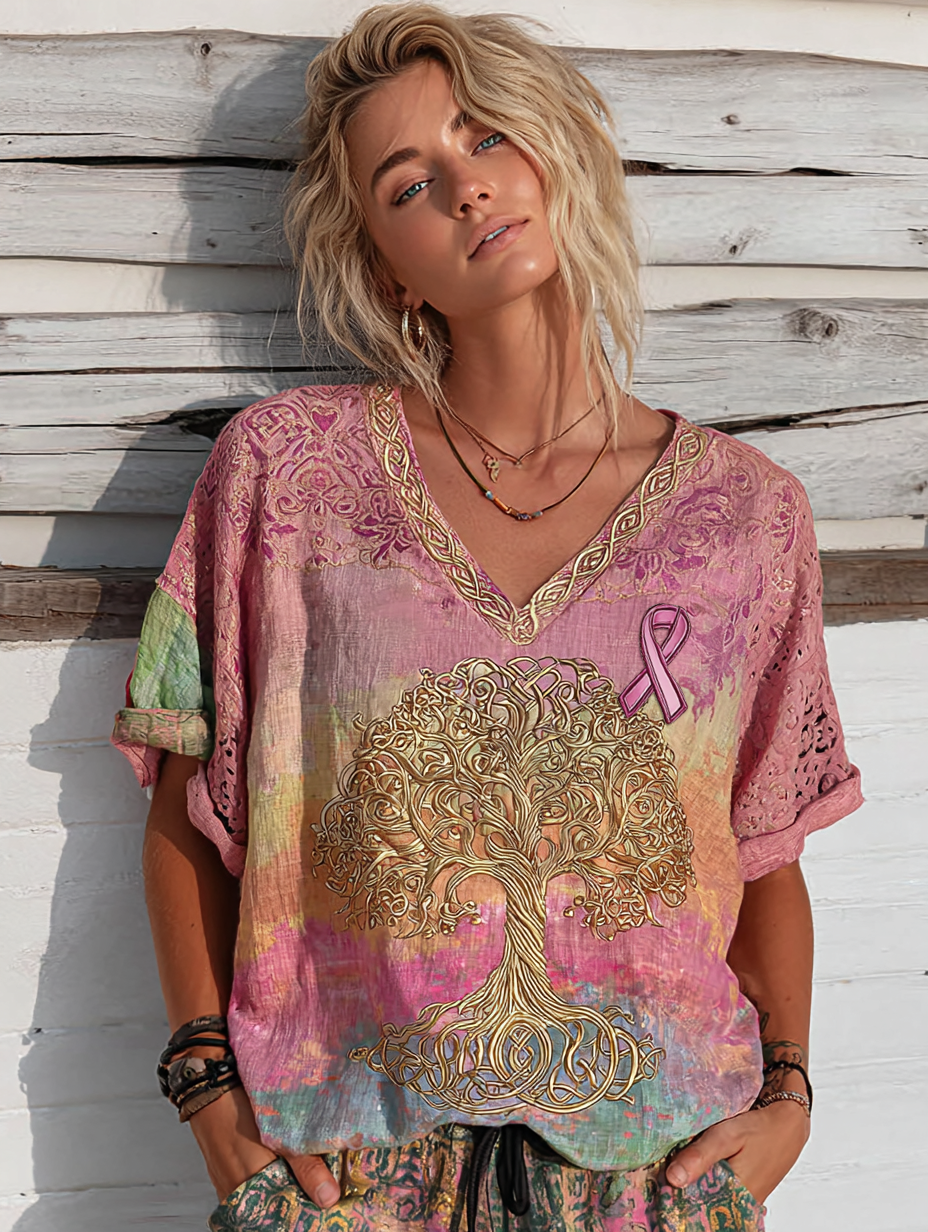 Women's Cancer Awareness Ribbon And Tree Of Life Gradient V Neck Boho Art Casual Shirt