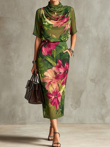 Women's Retro Abstract Print Cowl Neck Short-sleeve Loose Chiffon Top & High-waisted Pencil Skirt Set