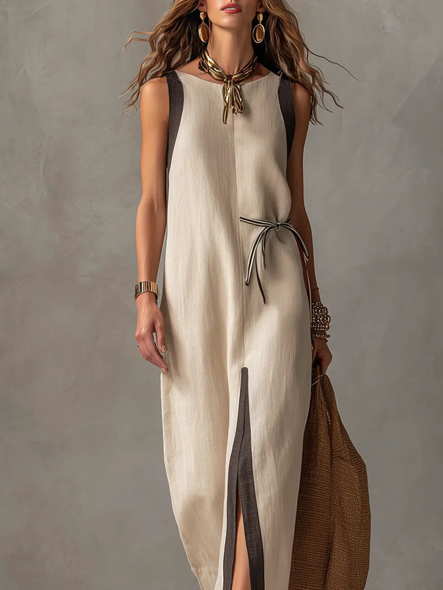 Bohemian Linen Color Blocked Belted Maxi Dress
