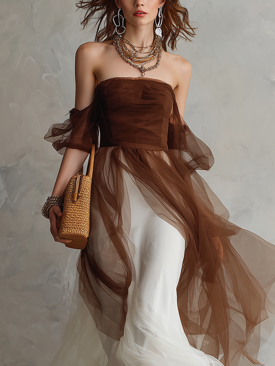 Chocolate Sheer Overlay Strapless Maxi Dress