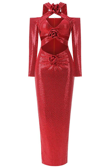 Long Sleeve Sequin Flower Maxi Dress Red