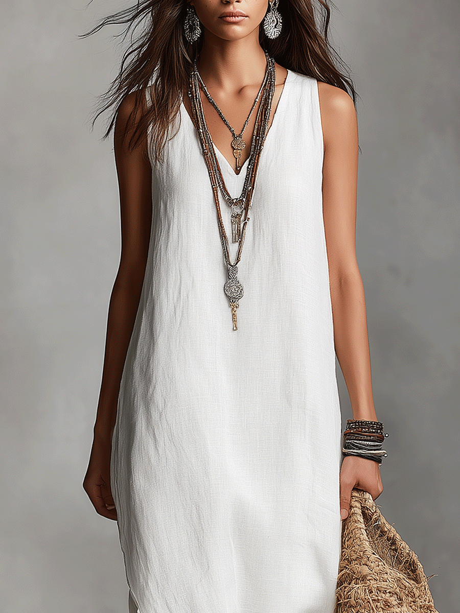 Chic White Sleeveless V-Neck Maxi Dress