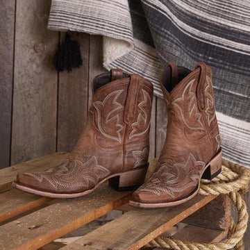 Women's Vintage Embroidered Block Heel Short Western Boots