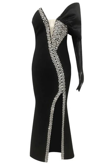 One Sleeve Bardot Crystal Maxi Dress Black