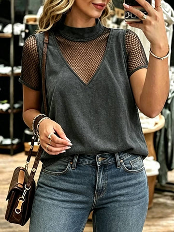 Boho Mock Neck Fishnet Inset Top
