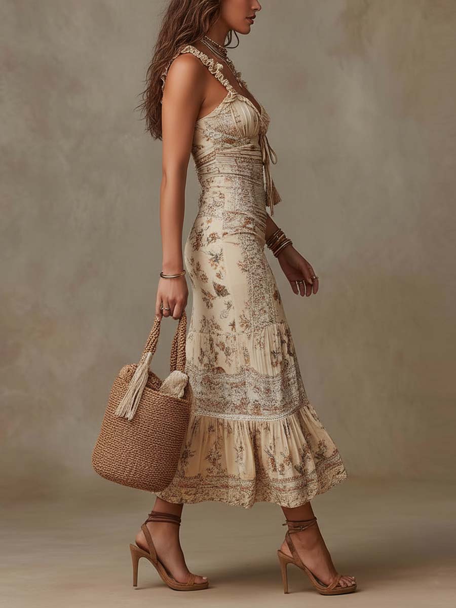 Biege Bohemian Ruffle Strap Floral Print Slit Midi Dress