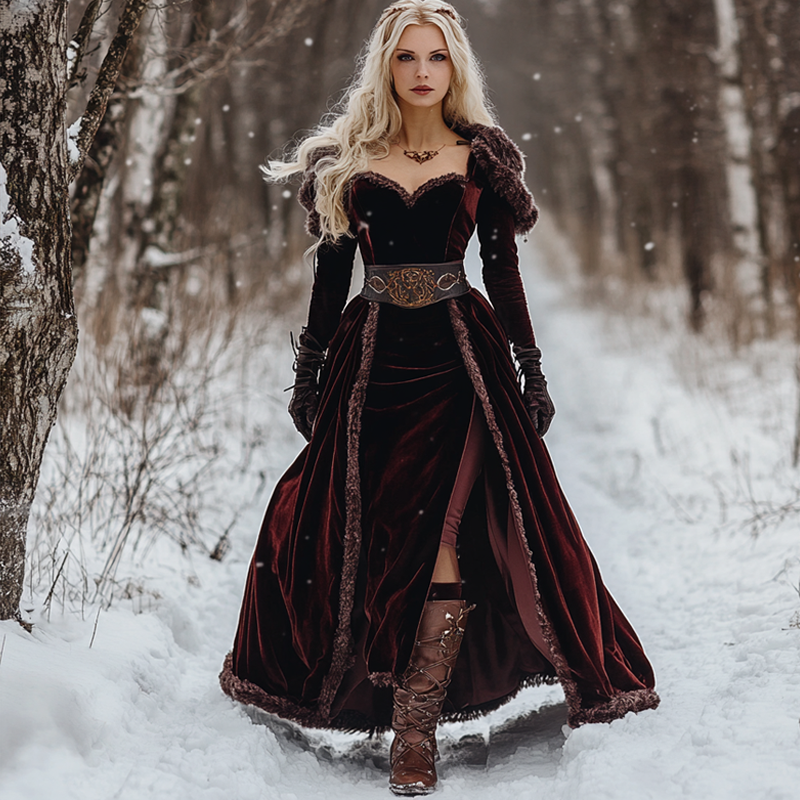 Women's Autumn And Winter Wool Splicing Ancora Velvet Long Skirt Elegant Long Sleeve Wrap The Chest Tunics Dress