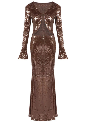Long Sleeve Sequin Two Piece Maxi Dress Brown