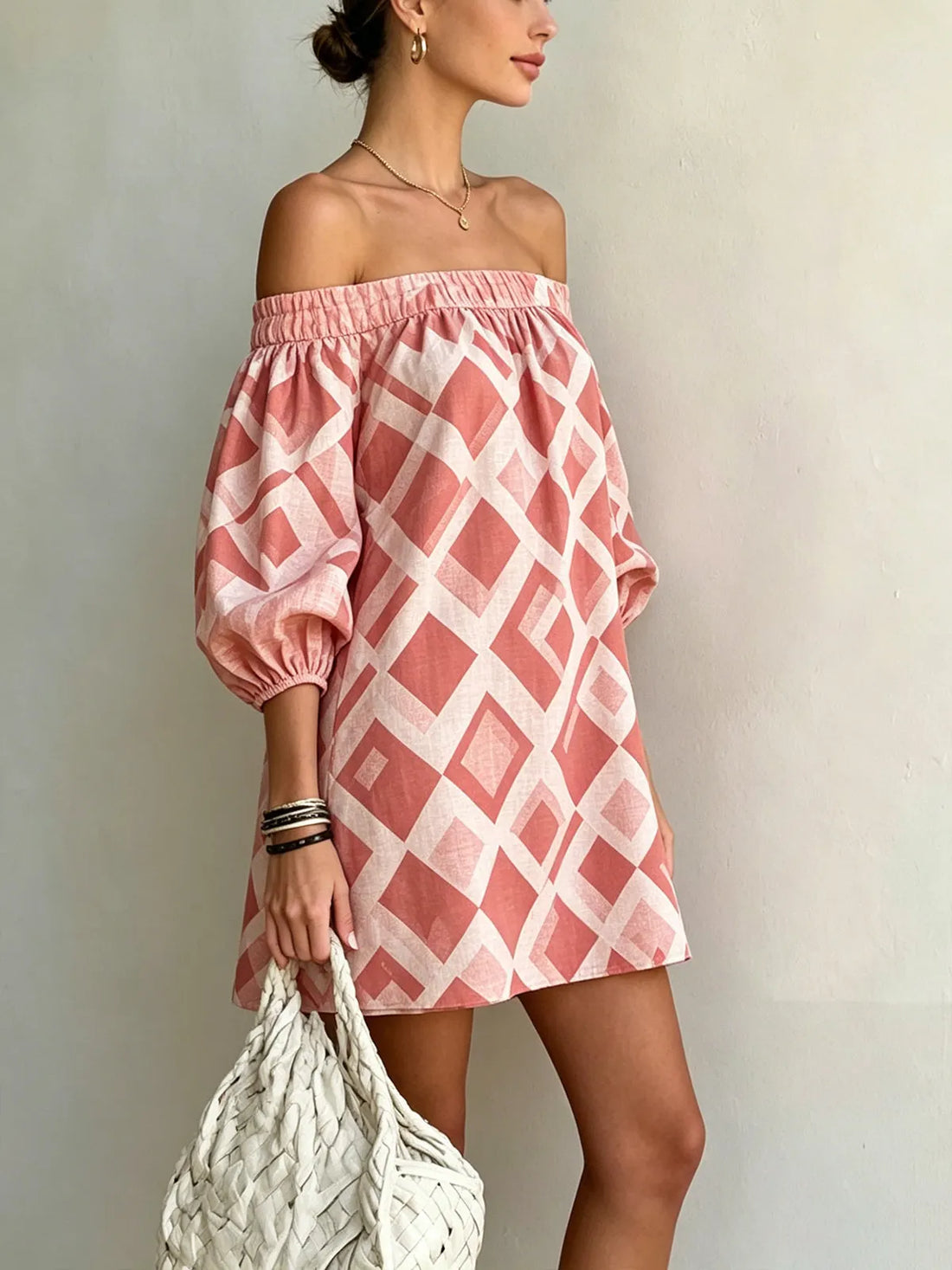 Pink Geometric Print Puff Sleeve Off-shoulder Mini Dress