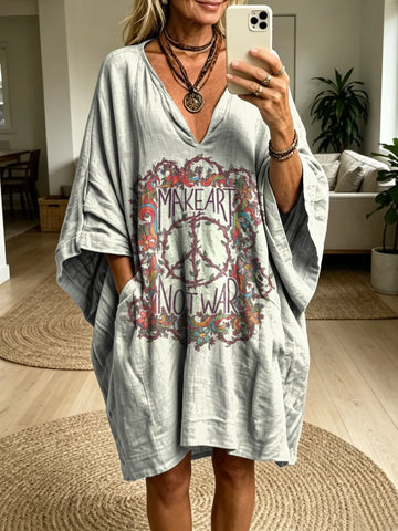 Women's Retro Hippie Art Print Batwing Sleeve Casual Fashion Dress