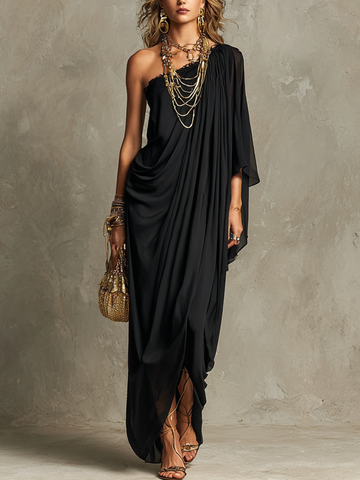 Bohemian Black One Shoulder Draped Maxi Dress