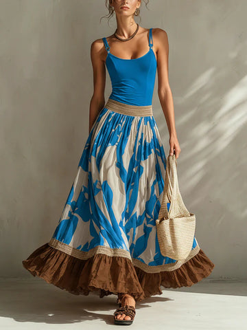 Comfortable And Elegant Cotton Camisole And Artistic Print Midi Skirt Two-piece Set