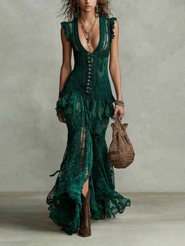 Lace Maxi Dress With Deep V-Neck And Ruffled Hem For Women