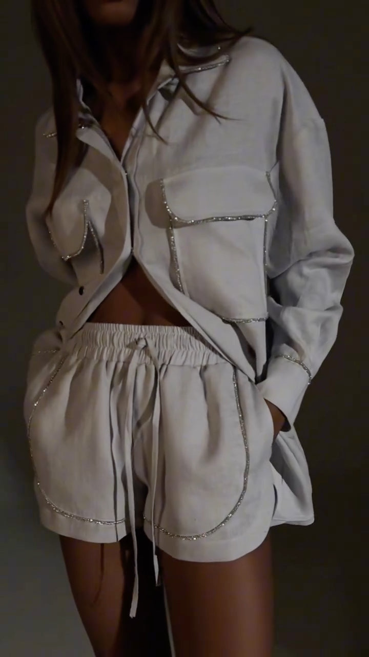 Women's Collared Linen-Trimmed Shirt & Shorts Set