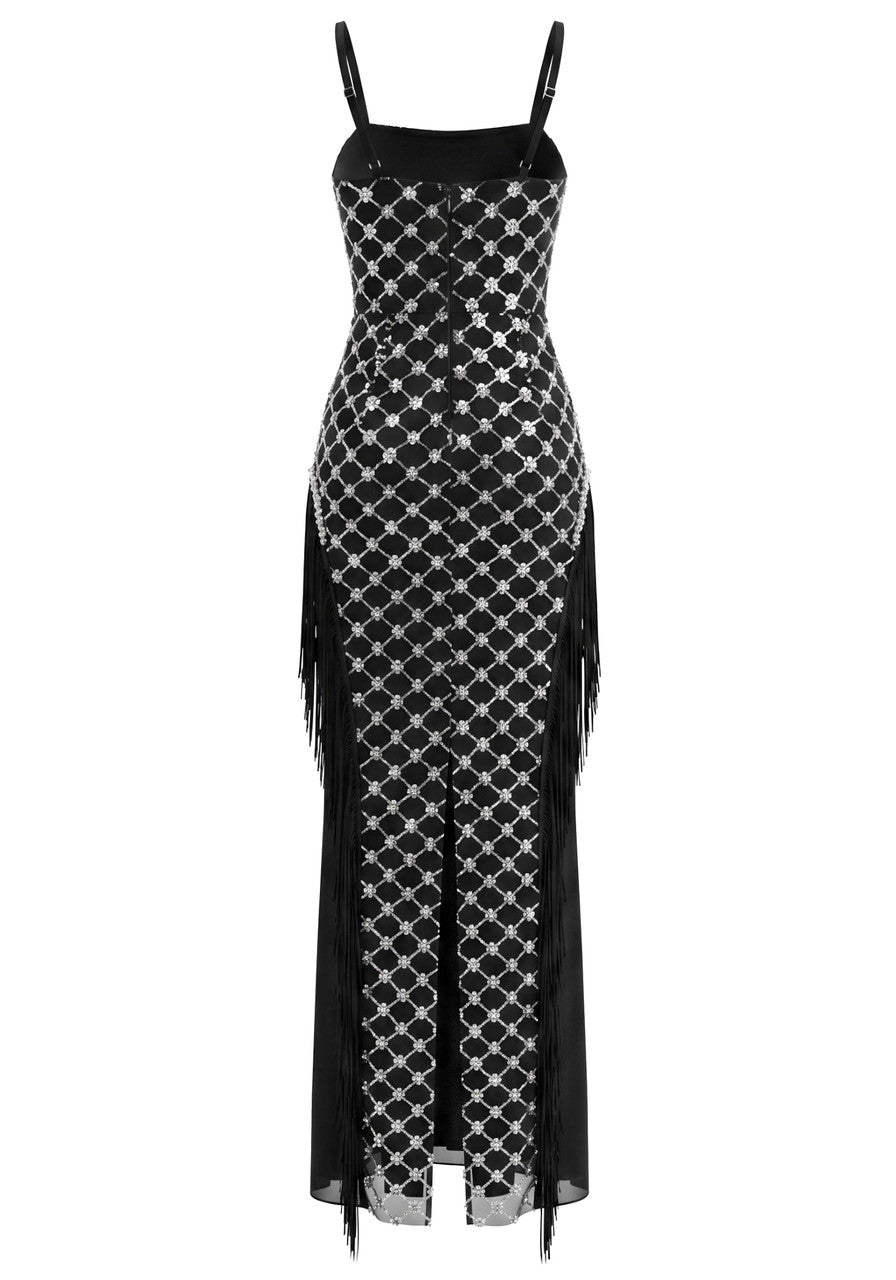 Tassel Bustier Sequin Maxi Dress Black Silver