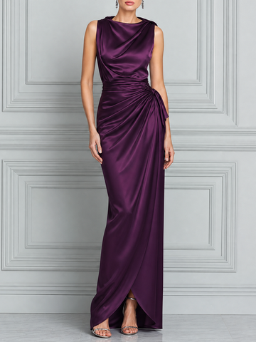 Purple Dress Fall Wedding Guest Dress Draped Satin Maxi Dress