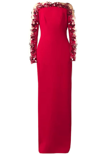 Long Sleeve Floral Sequin Mesh Maxi Dress Red
