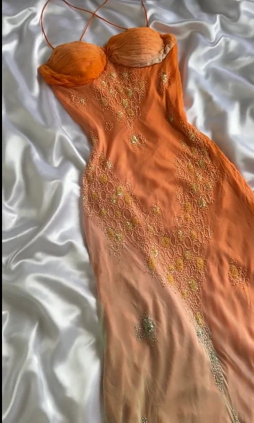 -Orange Green Fashion Gradient Exquisite Floral Long Satin Chiffon Weekend Date Party Dress Popular Dress Fairy Dress