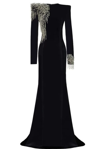 Long Sleeve Crystal Shoulder Maxi Velvet Dress Black